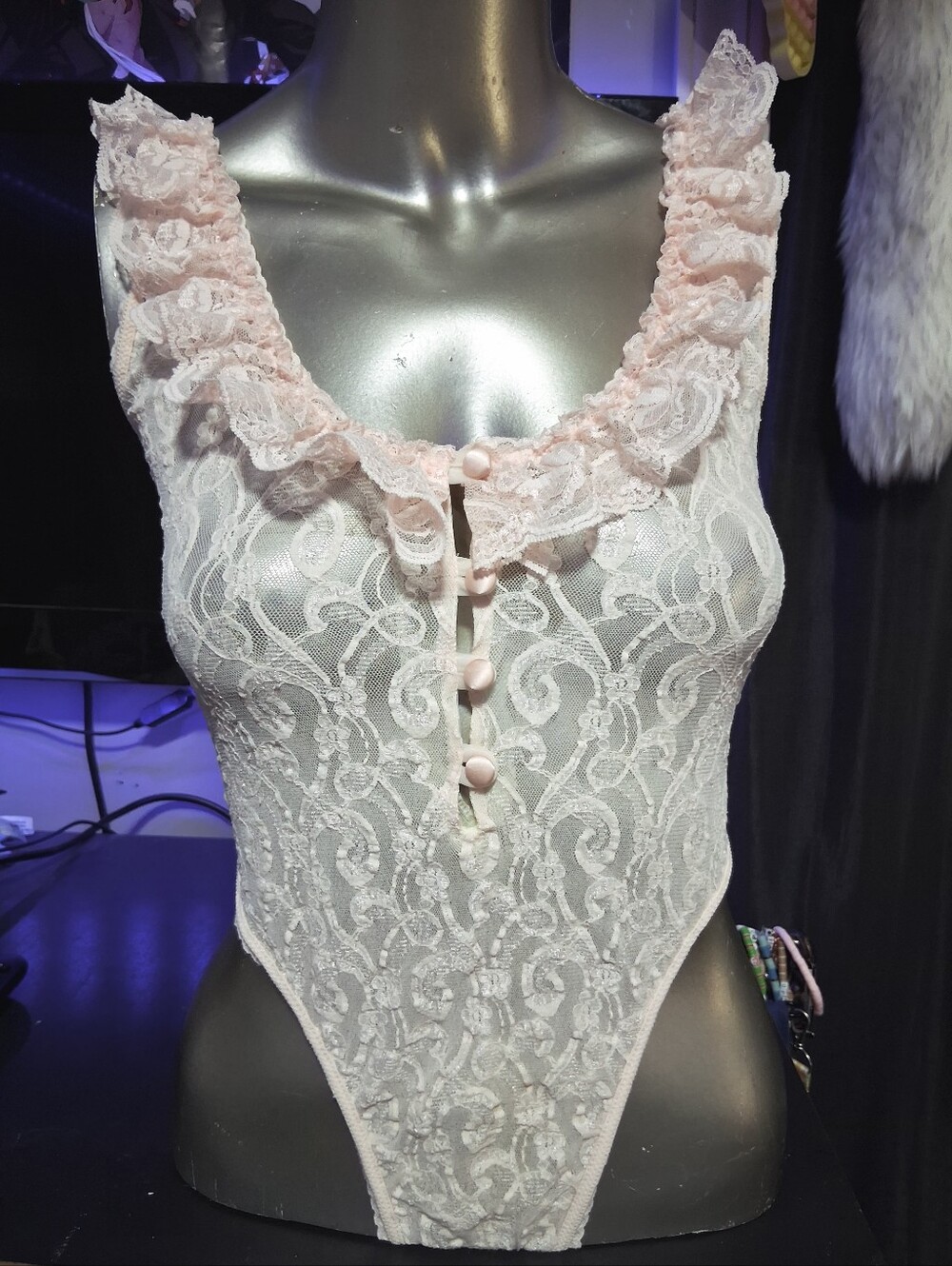 Pink Lace Ruffled Bodysuit with Button Front